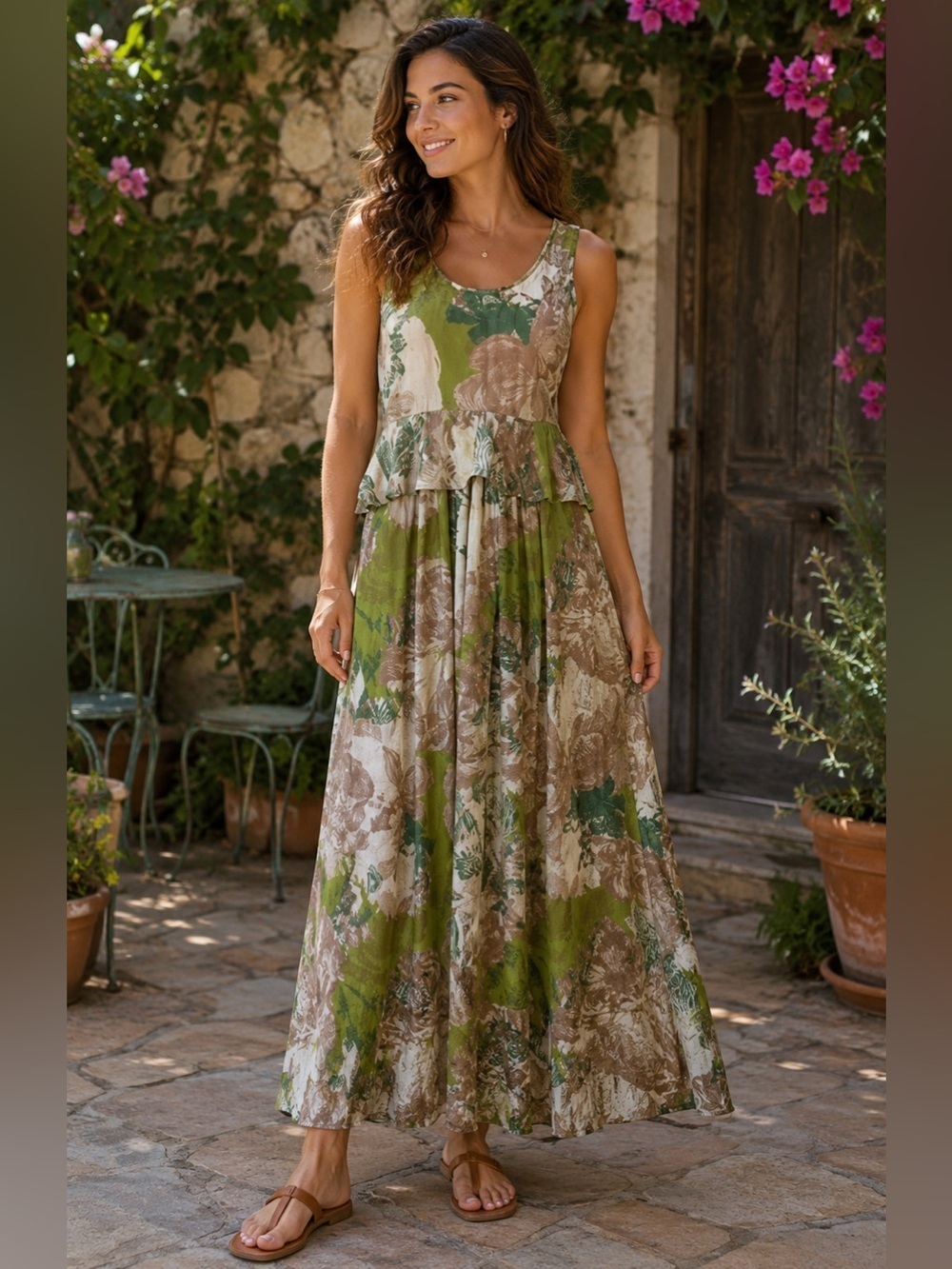 H&M Floral Maxi Dress in Green and Brown Size 2 Cottagecore Boho Flowy Summer